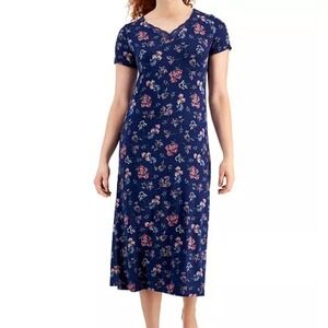 CHARTER CLUB Nightgown Woman's XS Navy‎ Floral Lacy Trim Soft Stretch Loungewear